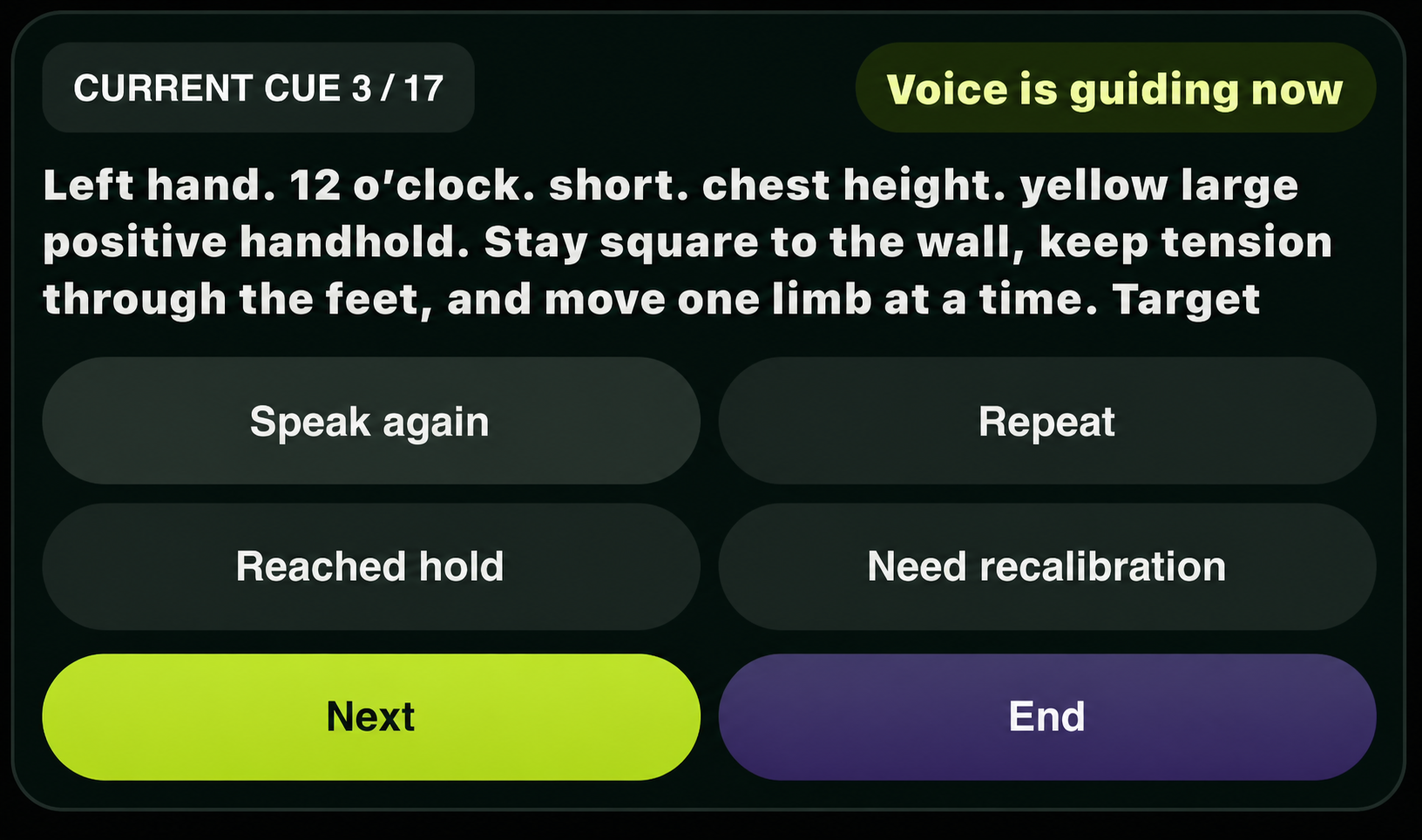 Before screenshot showing the earlier verbose in-climb instruction style.