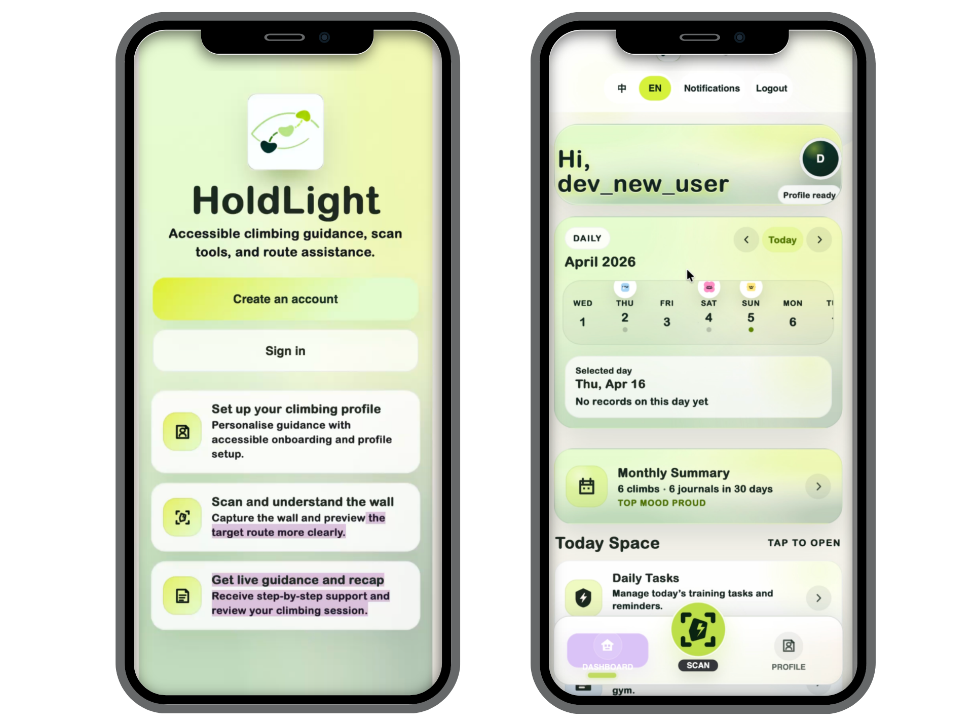 Mid-Fi HoldLight prototype screen showing the expanded sports-app direction.